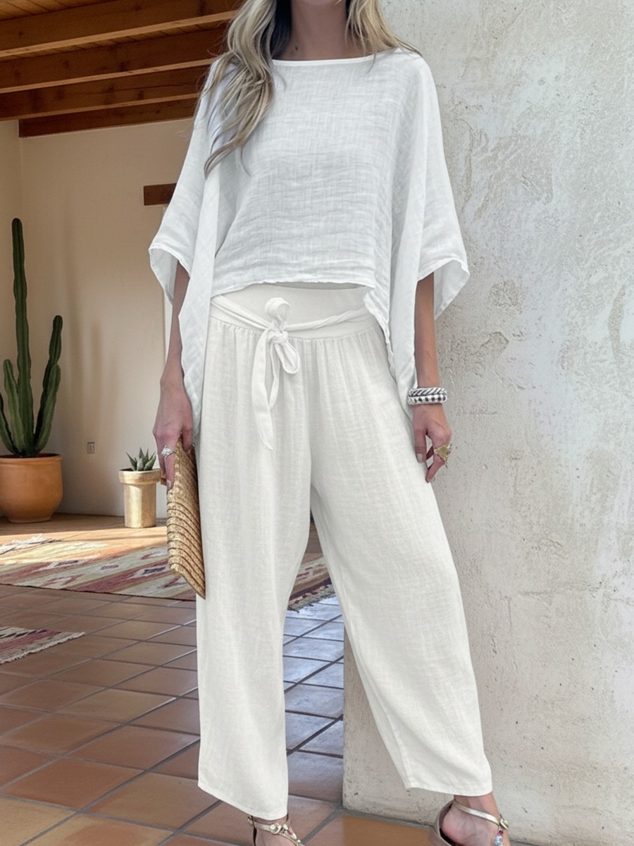 Women's Solid Color Tie Shirt and High-Waist Straight-Leg Pants Set