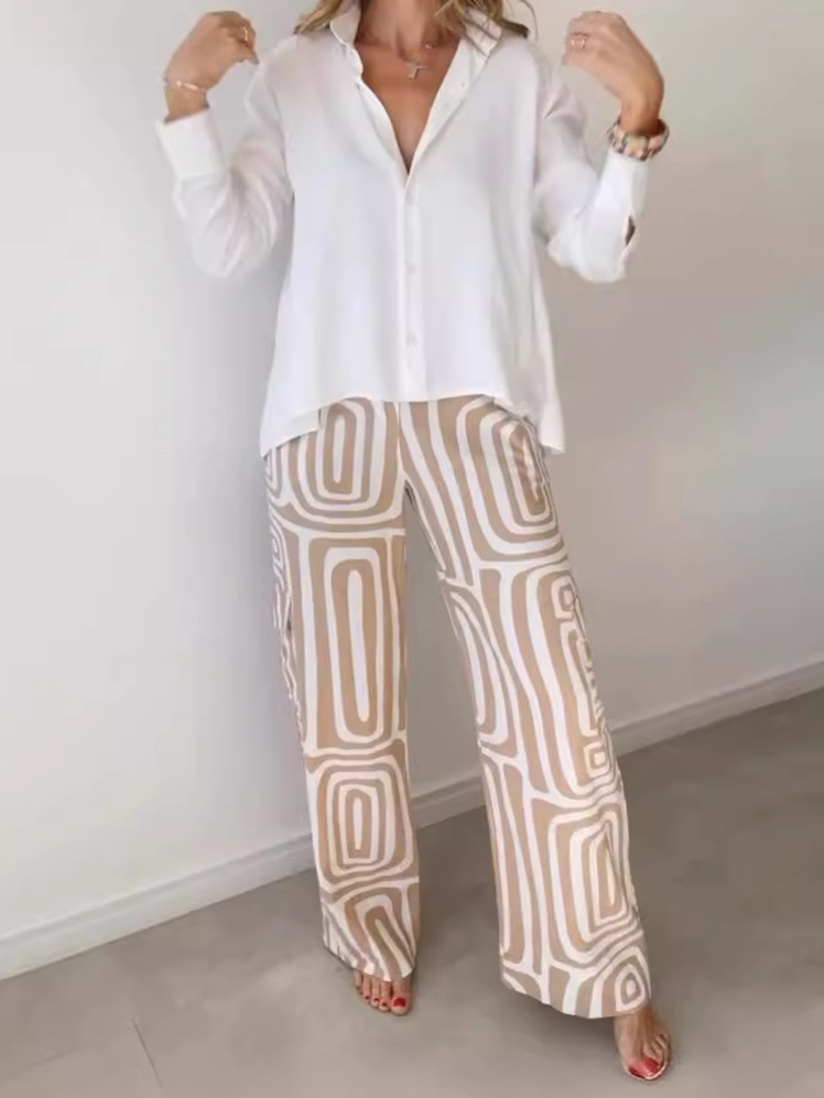 Women's Digital Print Shirt and Wide-Leg Pants Two-Piece Set