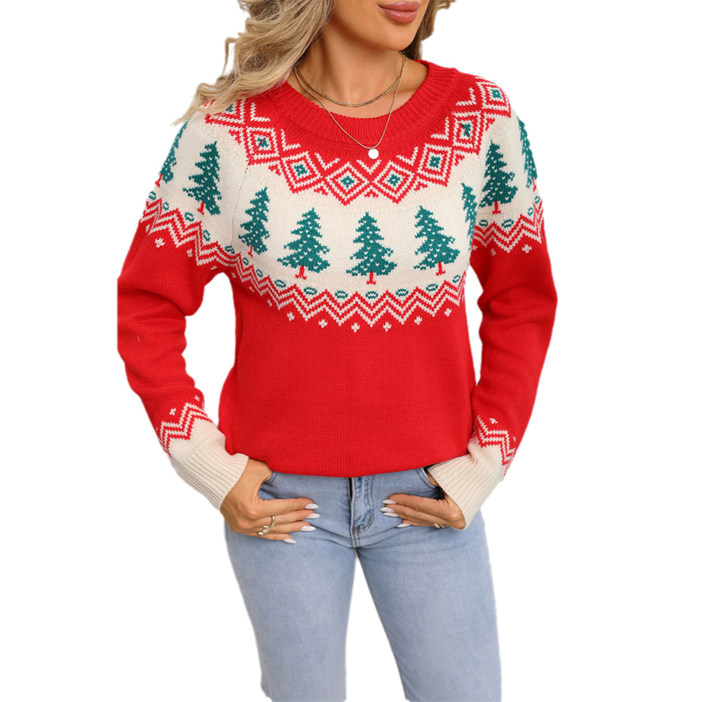 Christmas Tree Jacquard Women's Pullover Knit Sweater