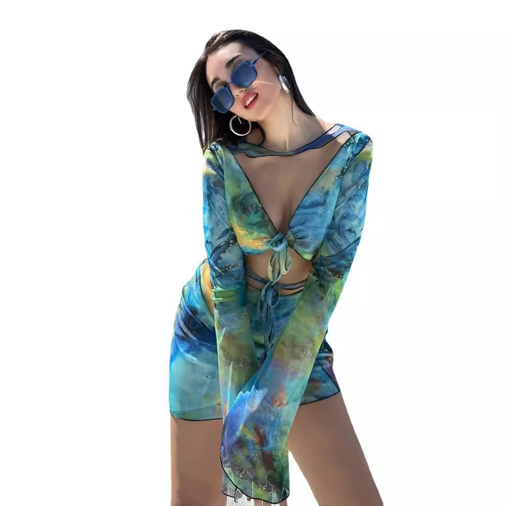 Printed Long-Sleeve Bodycon Tie Y2K Dress