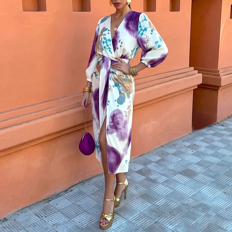 Women's Printed Long Sleeve Slim Fit Long Skirt Two-Piece Set