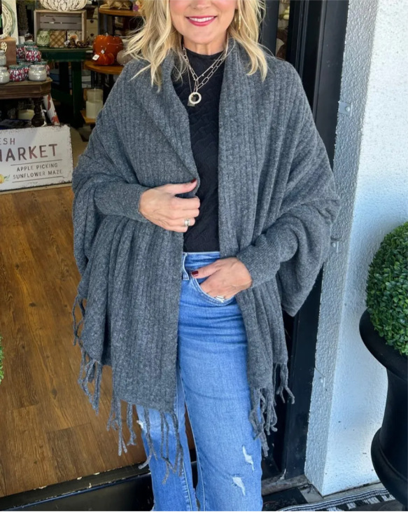 Women's Solid Knit Fringe Shawl Cardigan