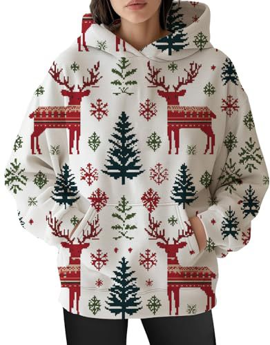 Women's Christmas Print Hoodie with Lantern Leaf Motif
