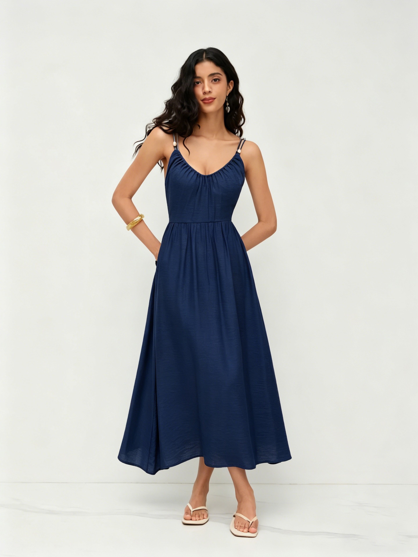 Open-Back V-Neck Maxi Dress with Full Skirt