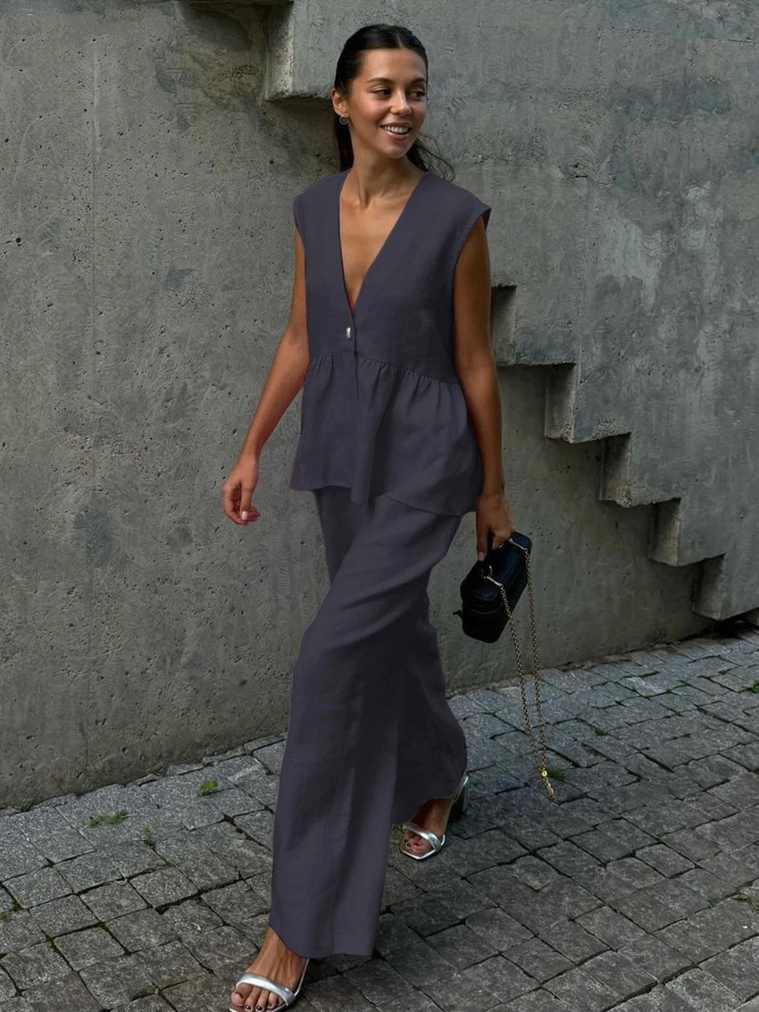 V-Neck Sleeveless Top and Pants Two-Piece Set Solid Color Commuter