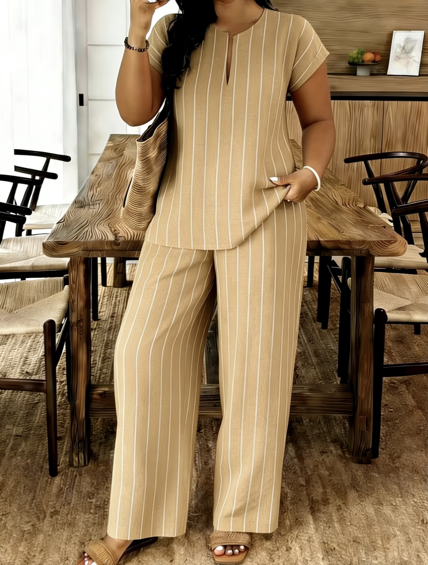 Women's V-Neck Top and Pants Set Casual Striped Two-Piece