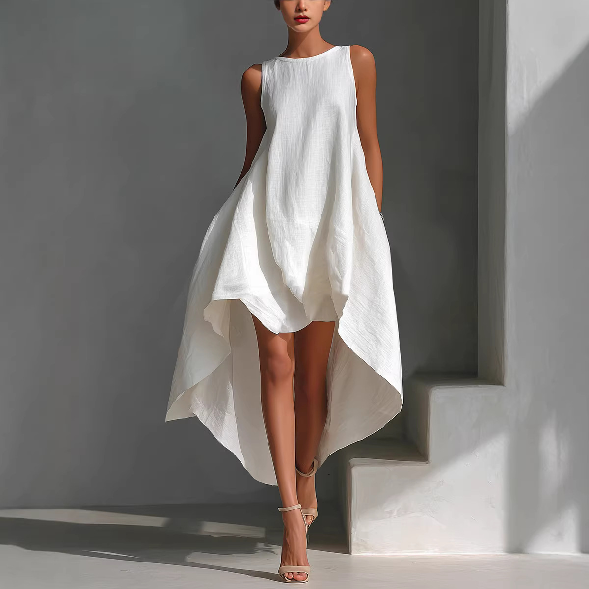 Sleeveless High-Low Cotton-Linen Blend Dress