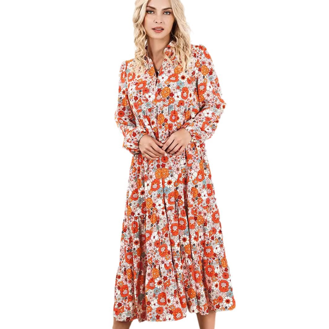 Boho Floral V-Neck Long Sleeve Bubble Sleeve A-Line Maxi Dress