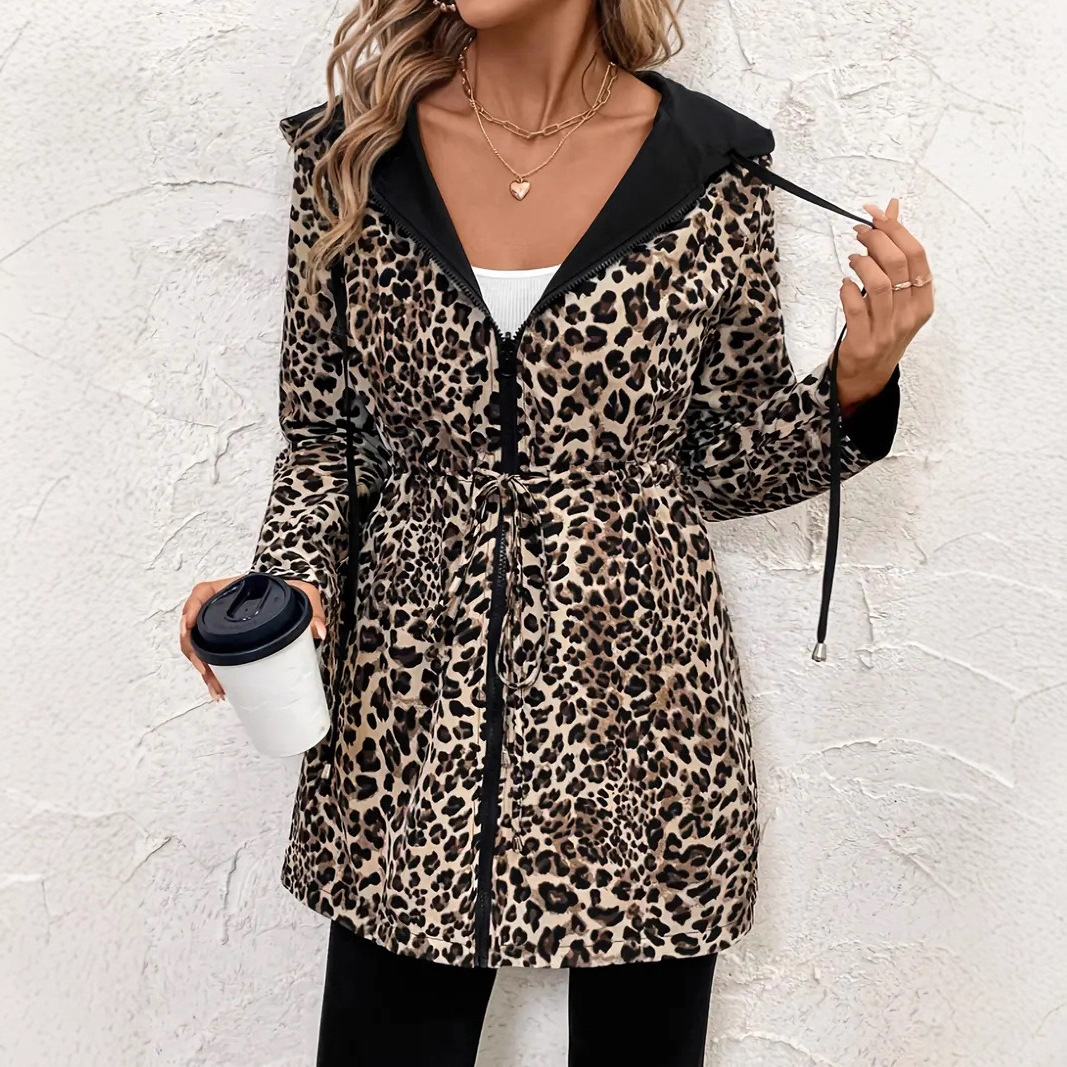 Reversible Leopard Print Hooded Zip Jacket with Belt Long Sleeve
