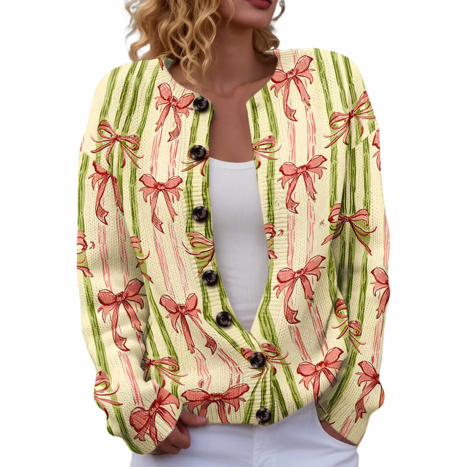 Women's Heart Ribbon Bow Cherry Print Cardigan