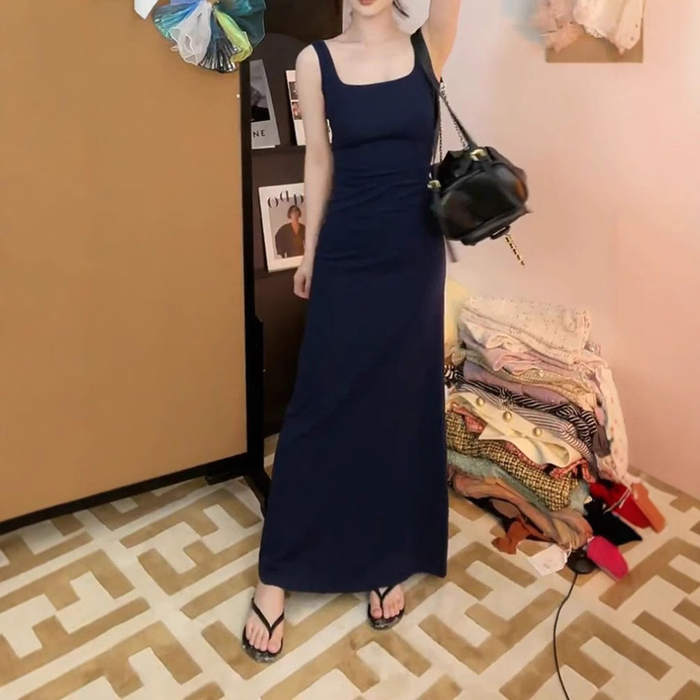 Blue French Sleeveless Bodycon Midi Dress Square Neck Slimming