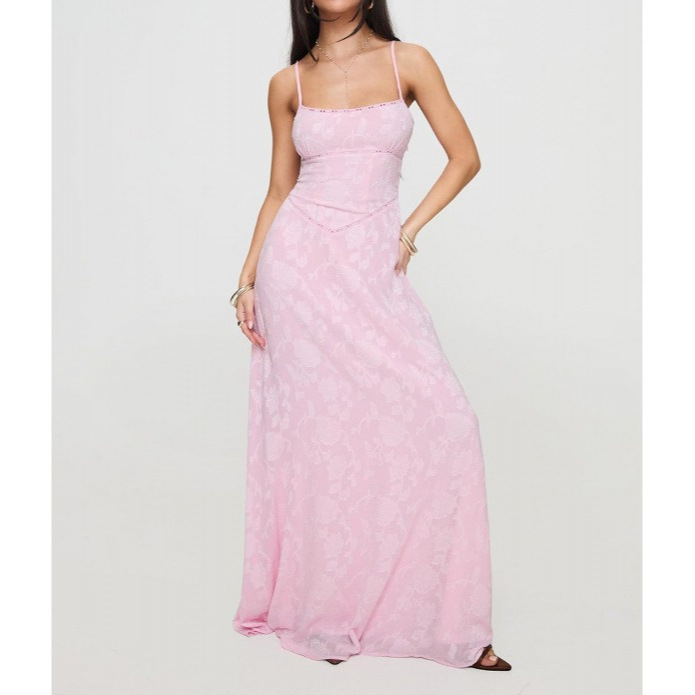Pink Sweet Slimming Midi Dress Sleeveless A-Line Floral