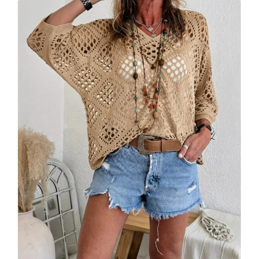 V-Neck Diamond Openwork Batwing Sleeve Women's Knit Top