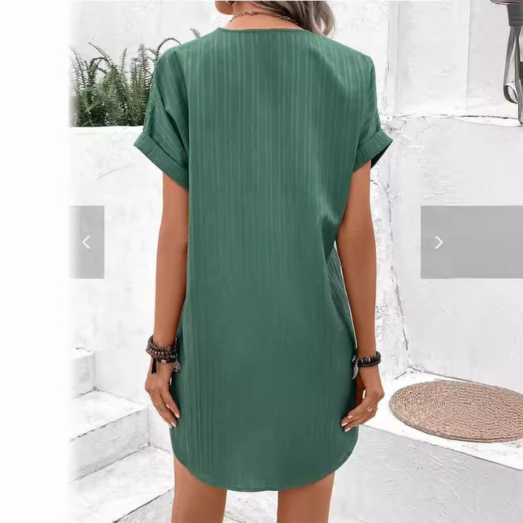 V-Neck Solid Button A-Line Midi Dress Short Sleeve Casual