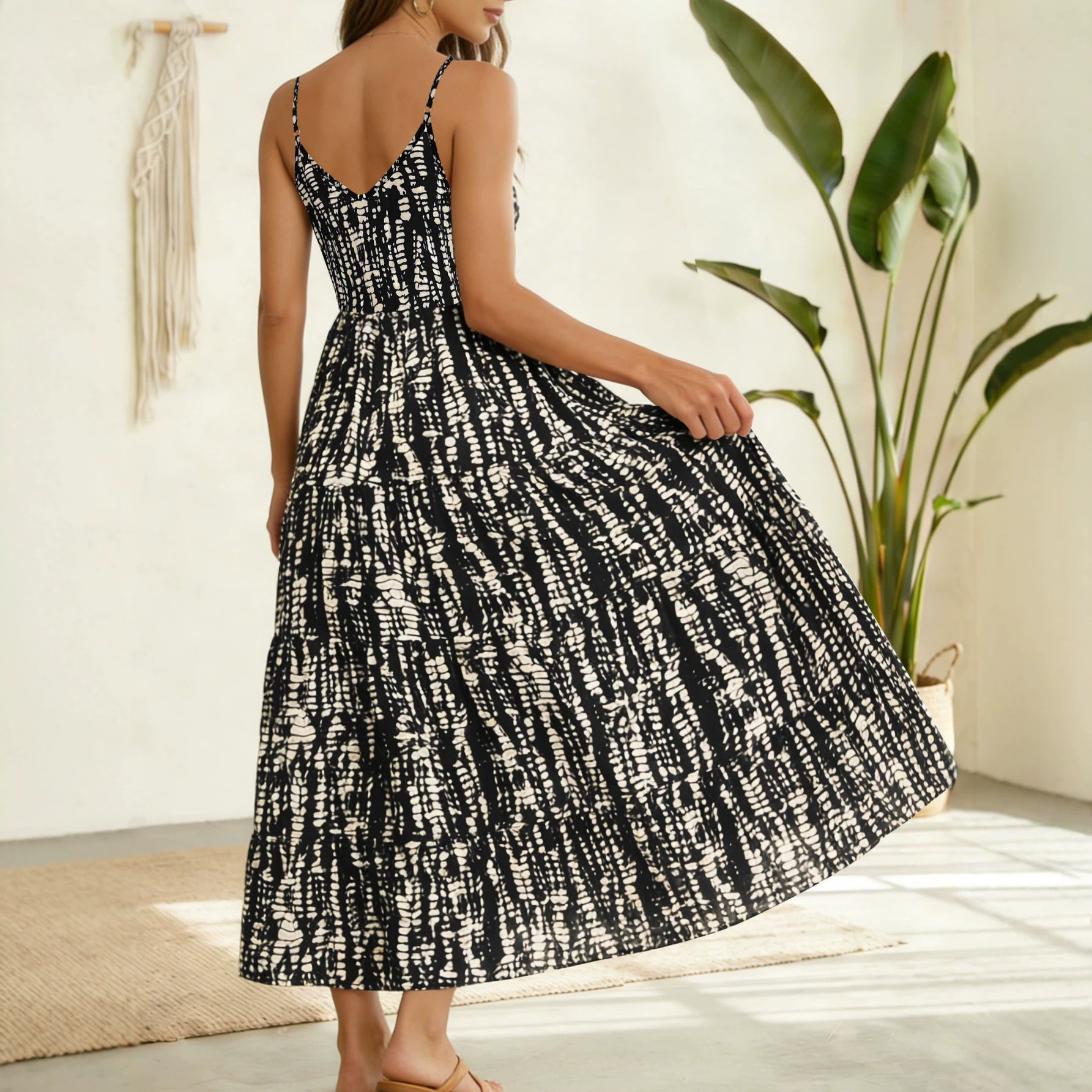 Tie-Dye Print V-Neck Sleeveless Maxi Dress Casual Loose Fit