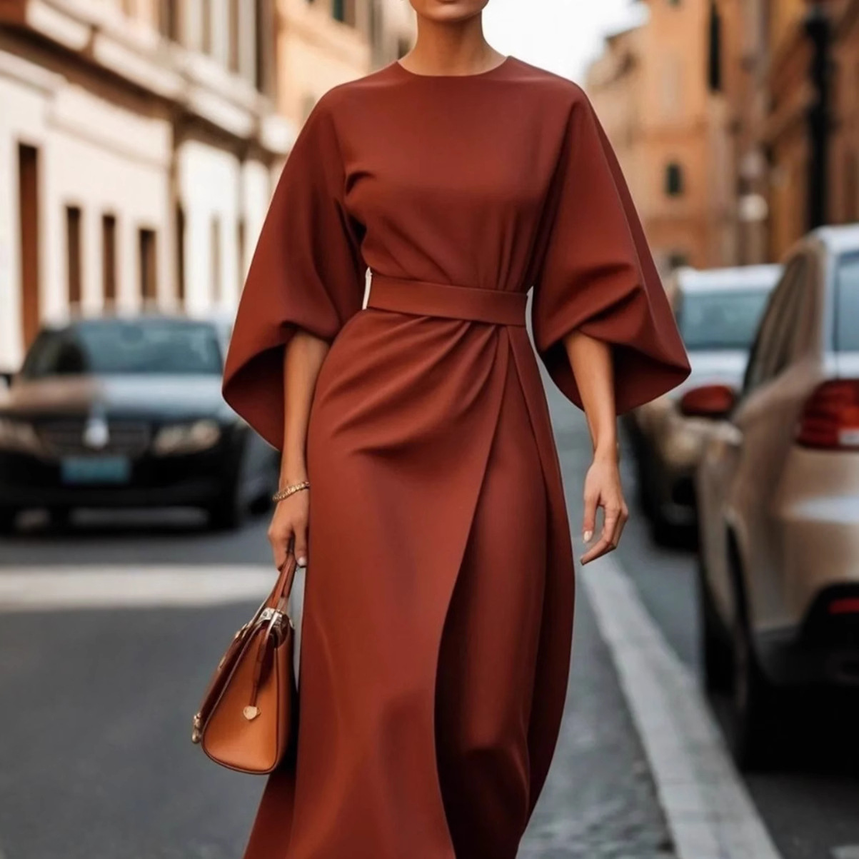 Elegant Solid Color Waist-Cinched Batwing Sleeve Long Dress
