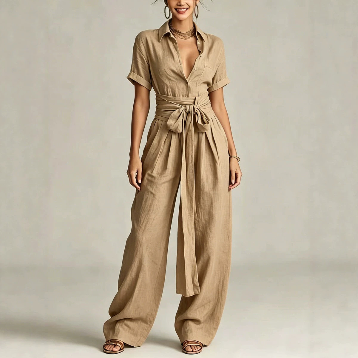 Women's Solid High-Waist Short-Sleeve Jumpsuit Casual Loose Straight-Leg