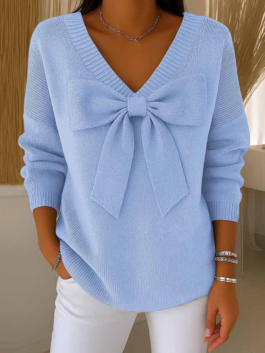 Bow Detail Solid V-Neck Pullover Sweater