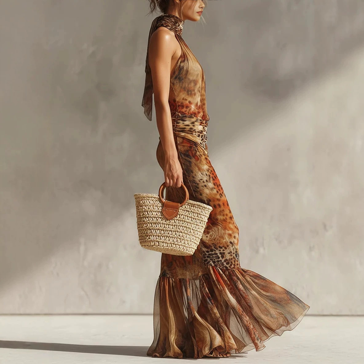 Women's Printed Halter Neck Sleeveless Mermaid Maxi Dress