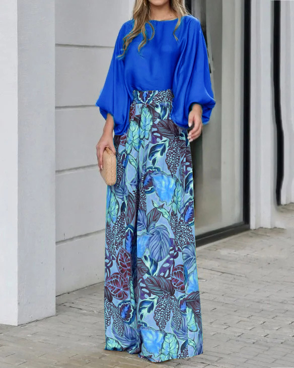 Women's Summer Two-Piece Set with Lantern Sleeve Top and Printed Wide-Leg Pants