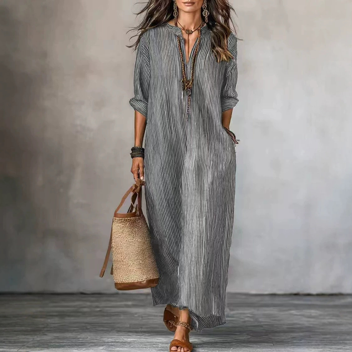 Women's Striped V-Neck Half-Sleeve Loose Midi Dress