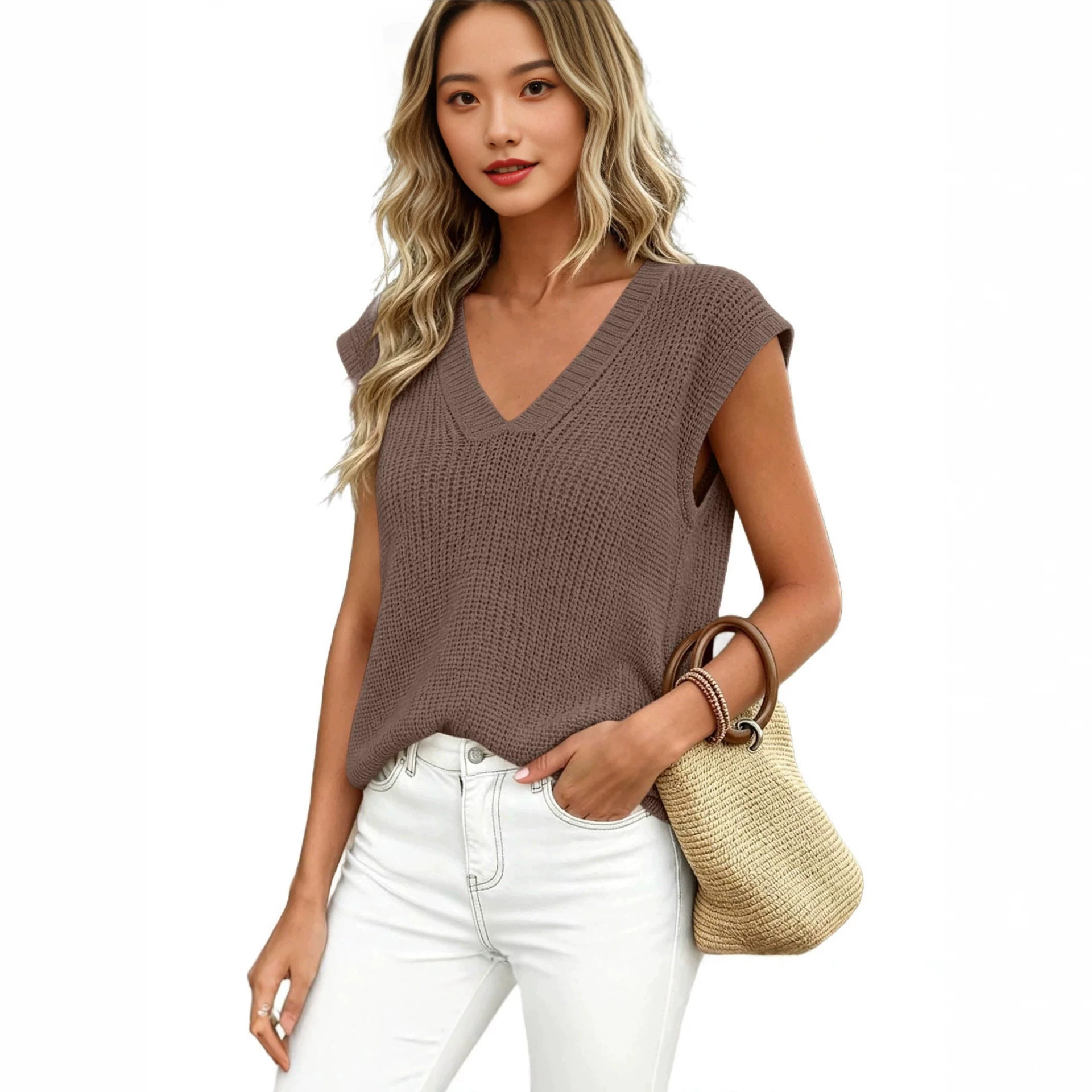 Women's V-Neck Short Sleeve Knit Top Casual Solid Color