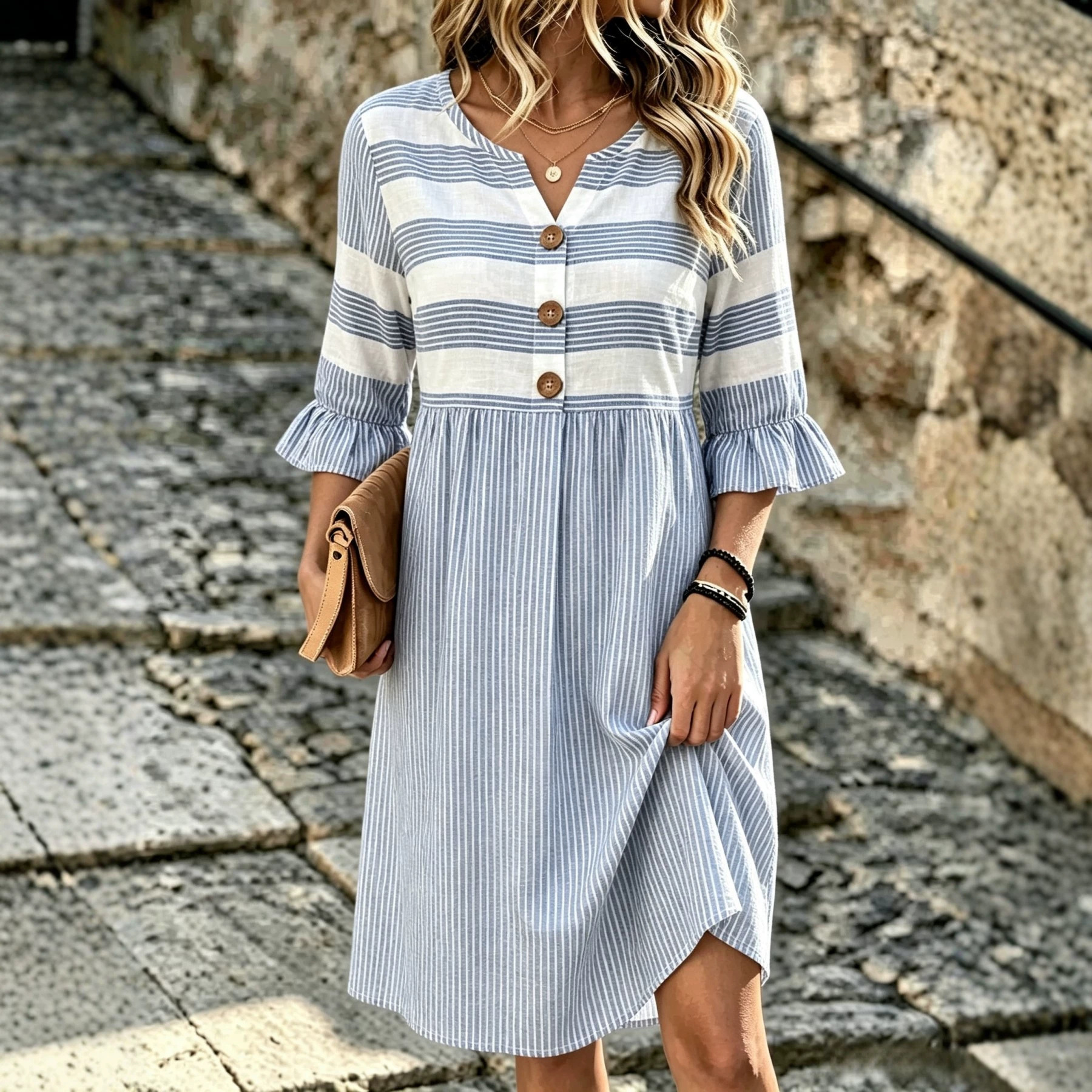 Women's Floral Striped Print Casual Dress with Deep V-Neck and Five-Quarter Sleeves