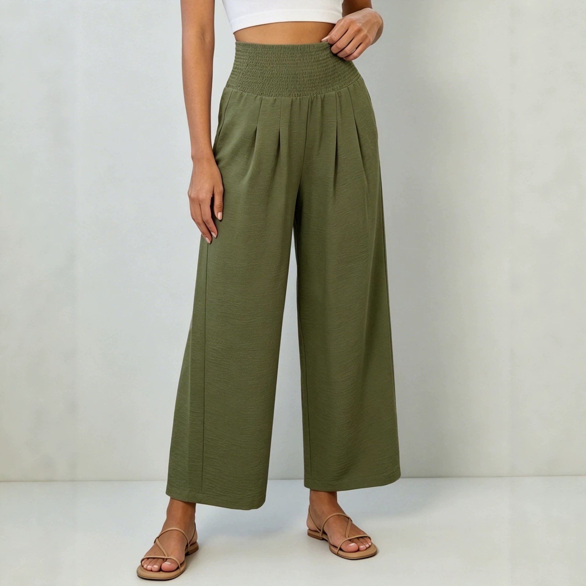 Women's High-Waist Smocked Linen-Blend Wide-Leg Cropped Pants