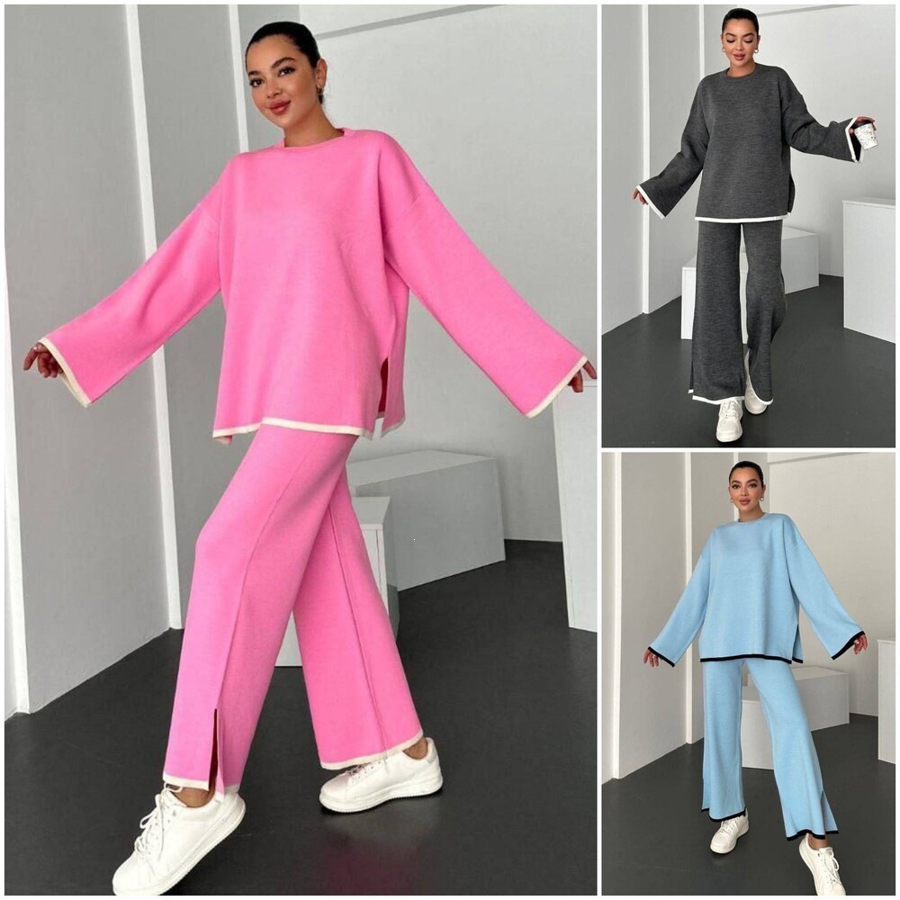 Women's Color-Block Long-Sleeve Split Top & Pants Two-Piece Set