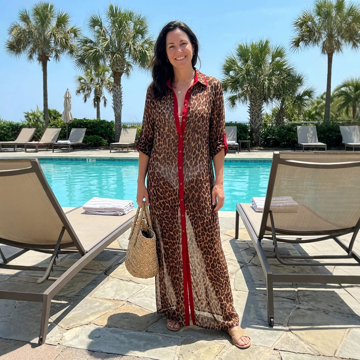Retro Red-Trim Leopard Print Collared Long Shirt Dress