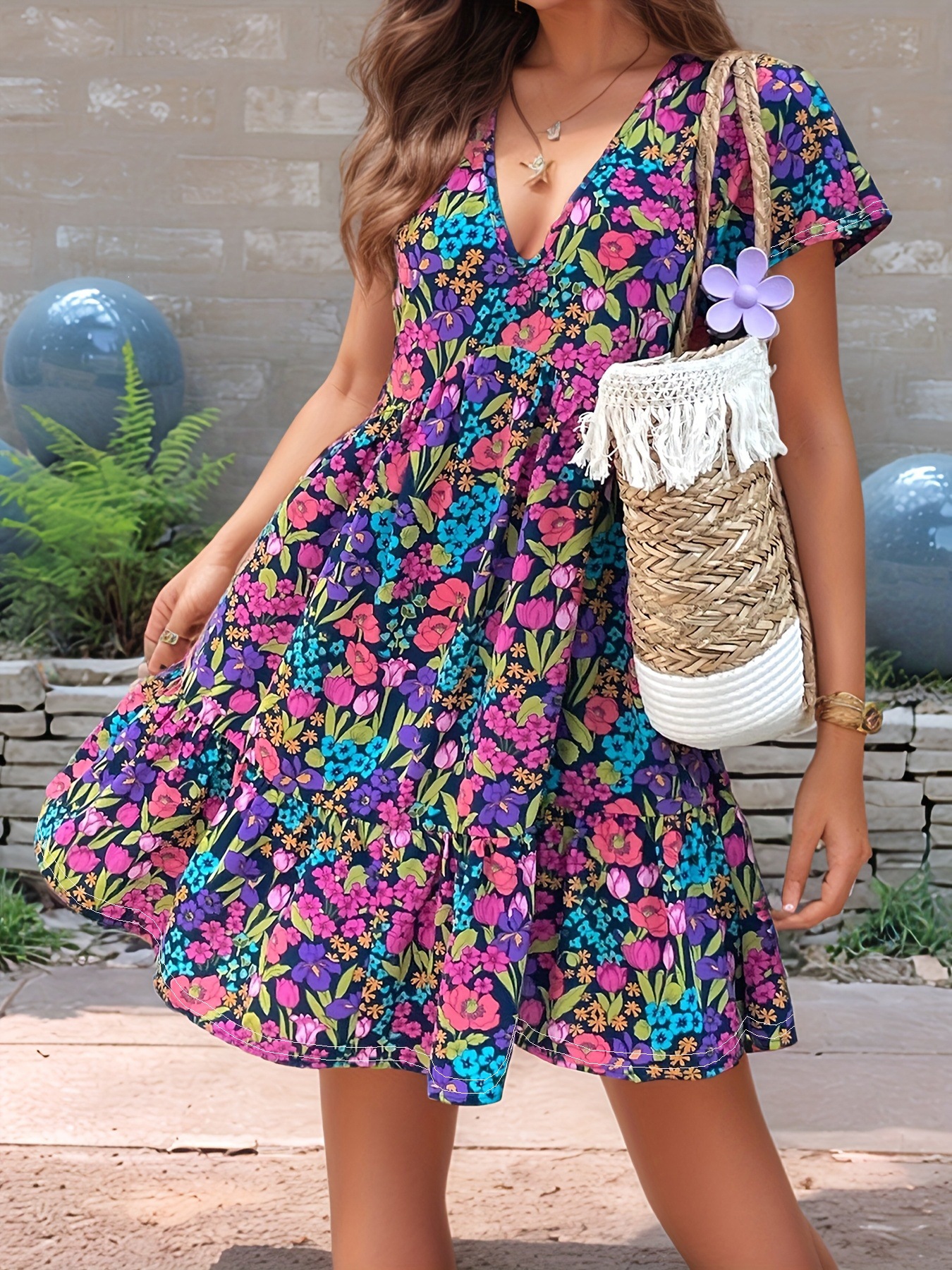 Colorful Floral V-Neck Mini Dress with Flutter Sleeves and Fit-and-Flare Skirt