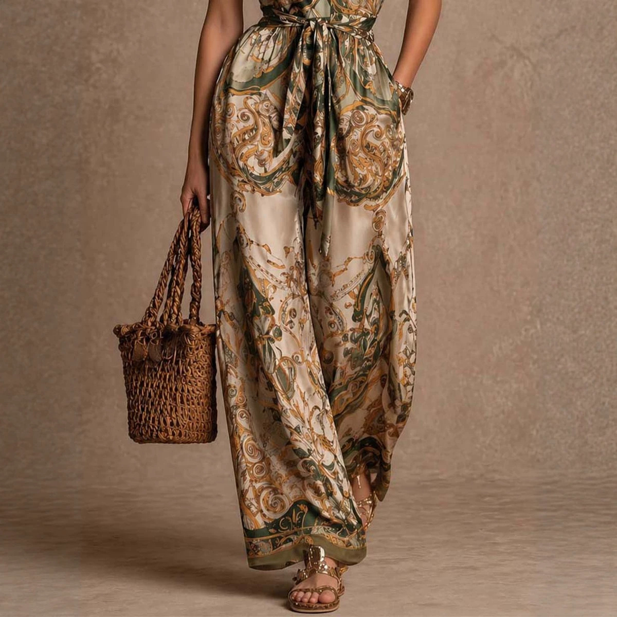 Sleeveless Digital Print Cami Jumpsuit with Pockets and Tie