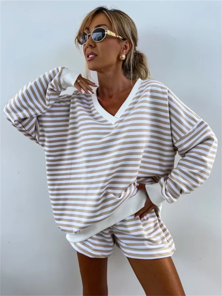 Women's Striped Long Sleeve V-Neck Loose Top and Shorts 2-Piece Set