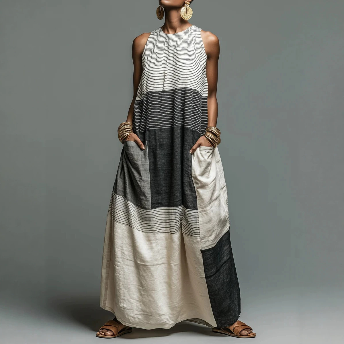 Women's Sleeveless Color-Block Long Dress Casual Loose Fit