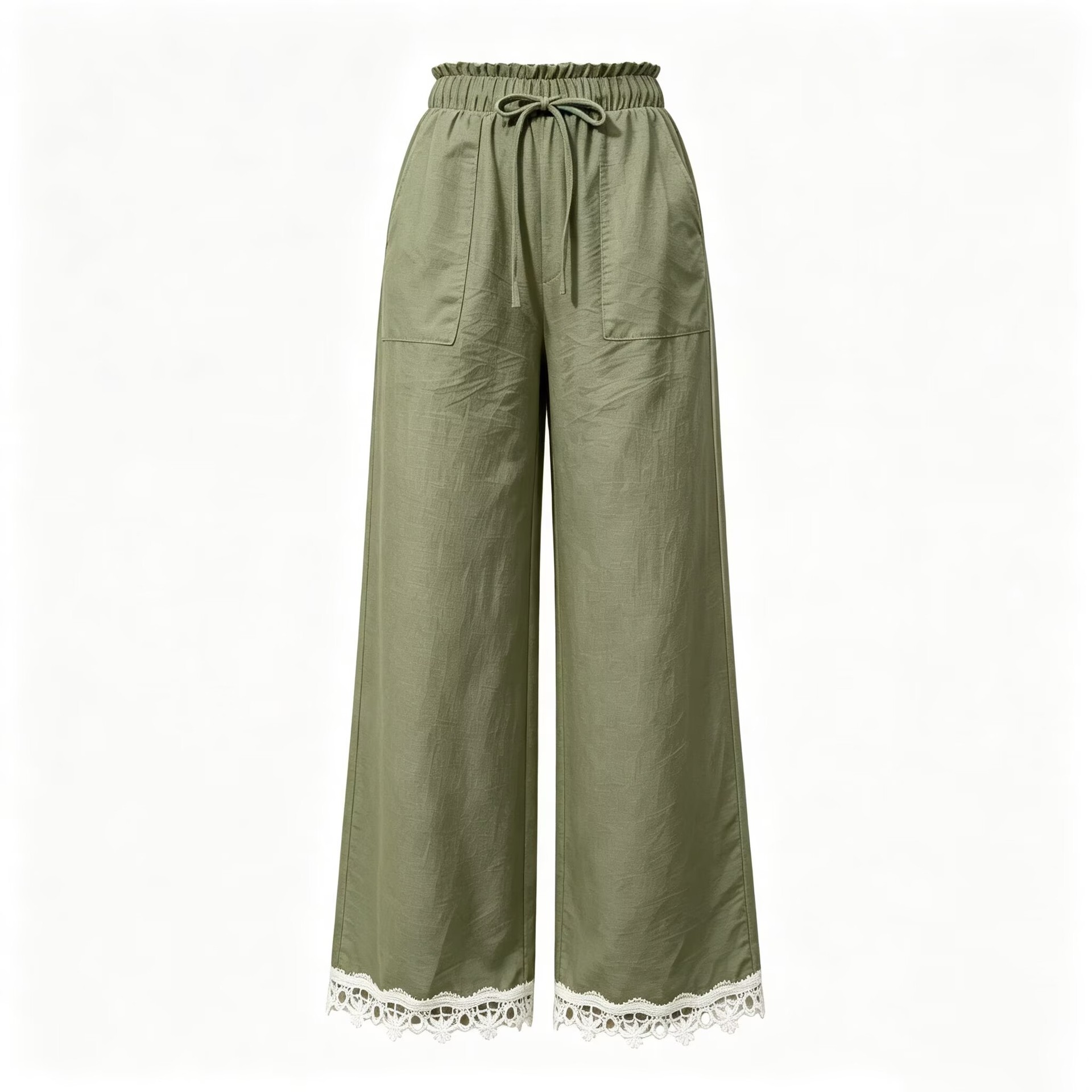 Women's Lace Trim Wide Leg Pants Casual Loose Straight Trousers