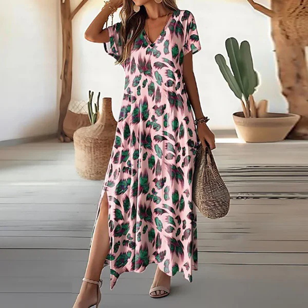 V-Neck Short Sleeve High Waist Floral Print Midi Dress