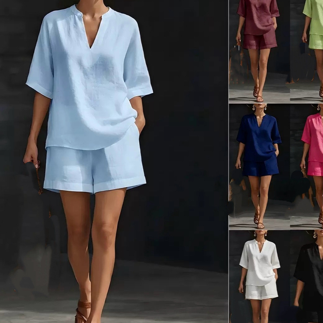 Solid V-Neck Linen-Blend Top and Shorts Two-Piece Set