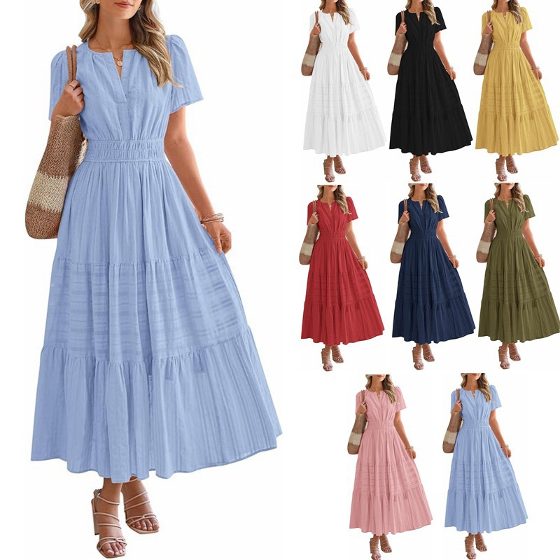 Women's V-Neck Ruffle Bubble Sleeve Layered Maxi Dress