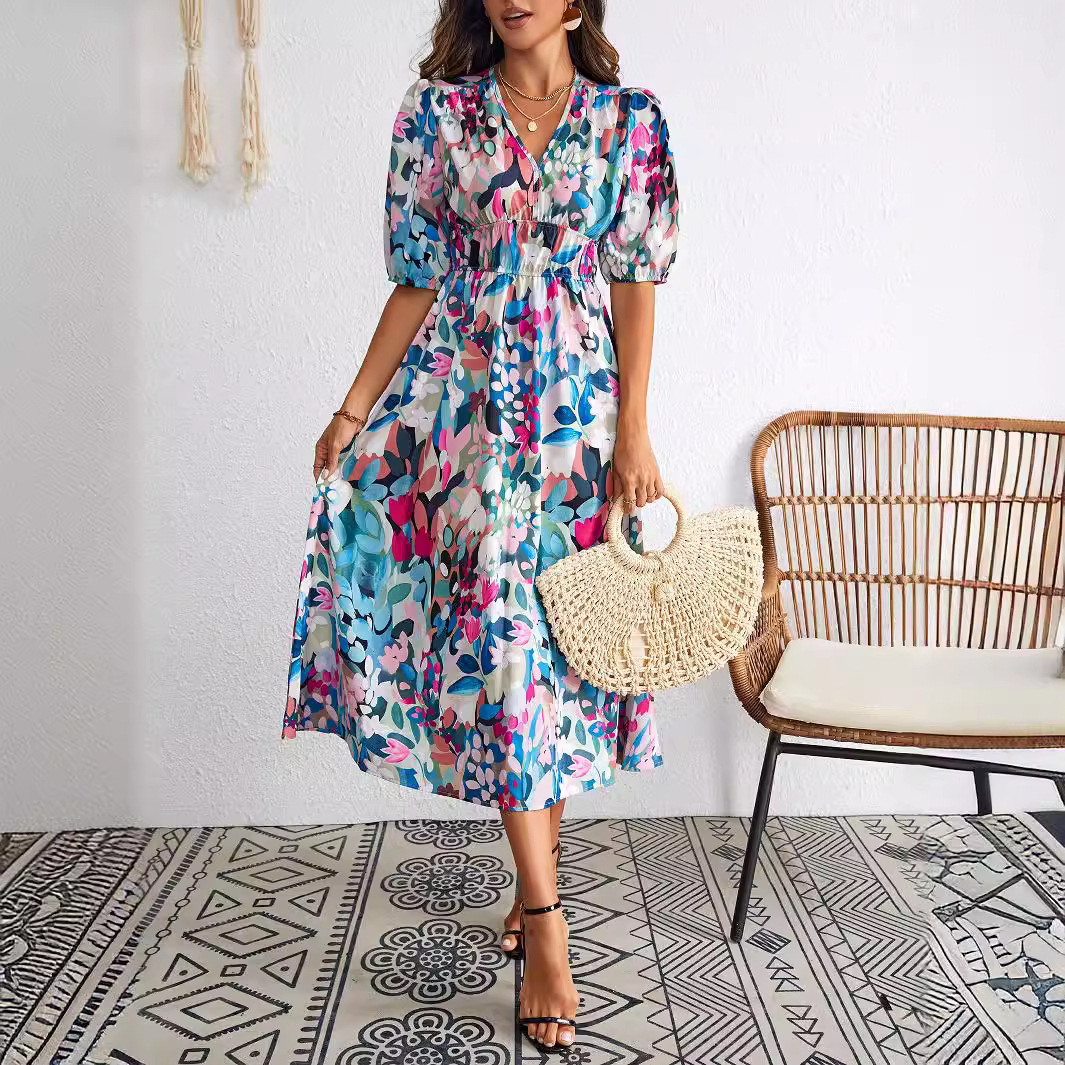 Women's Floral Print V-Neck A-Line Midi Dress with Puff Sleeves
