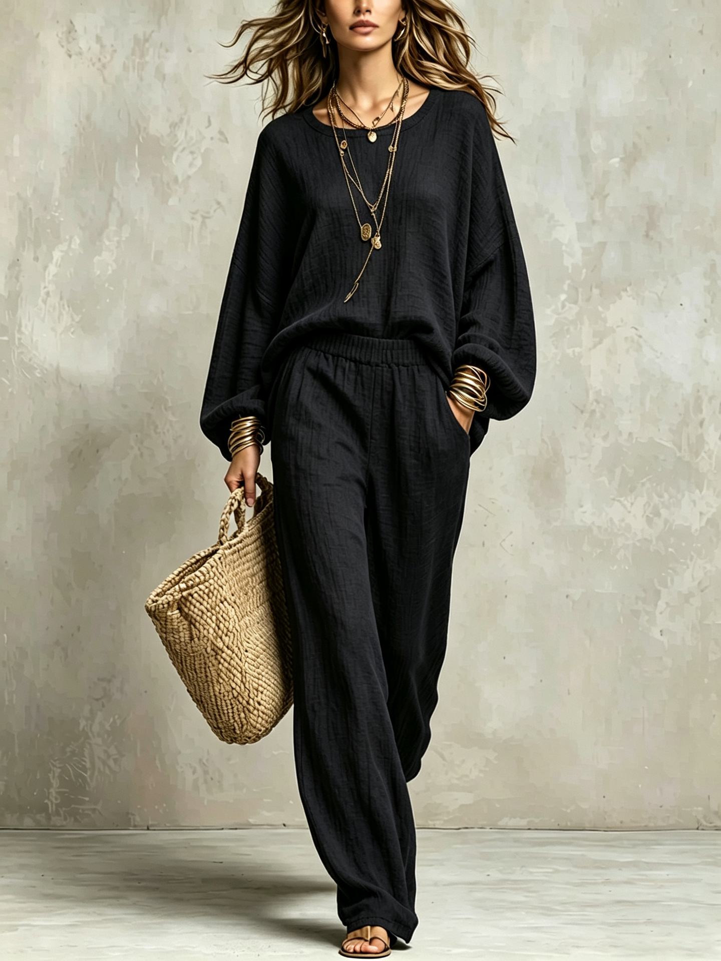 Double-Layer Crinkled Linen Two-Piece Set with Loose Sleeves and High-Waist Wide-Leg Pants