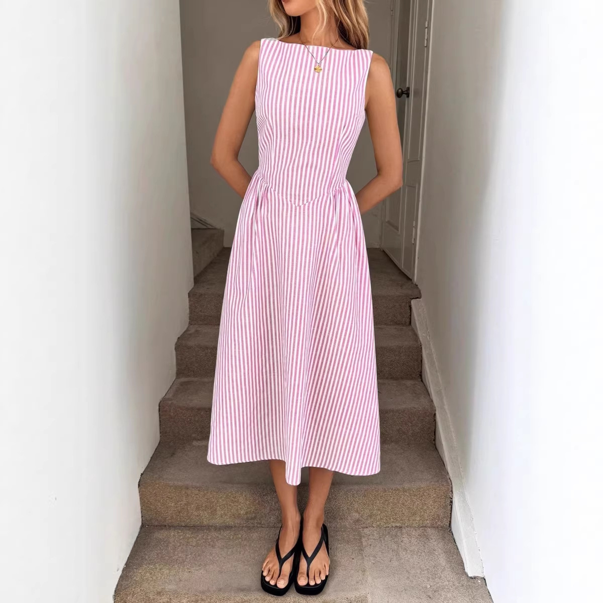 Striped Round Neck Cinched Waist Slimming Long Dress