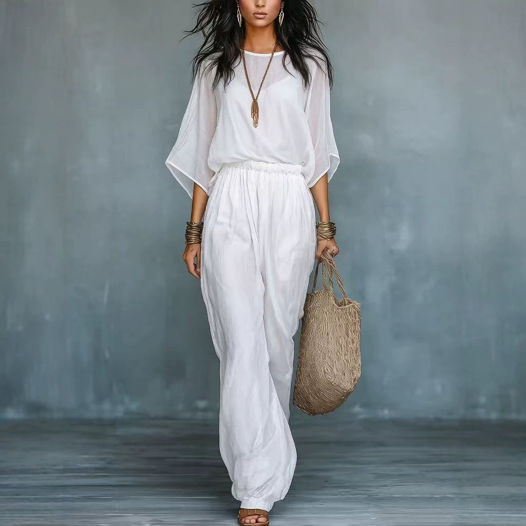 Boho Lightweight Batwing Sleeve Top & High-Waist Wide-Leg Pants Set
