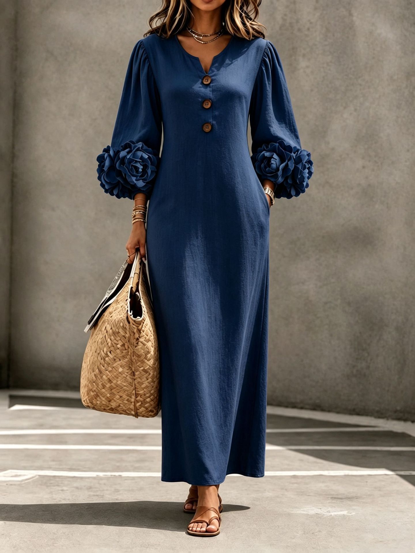 V-Neck 3D Floral Lantern Sleeve A-Line Maxi Dress