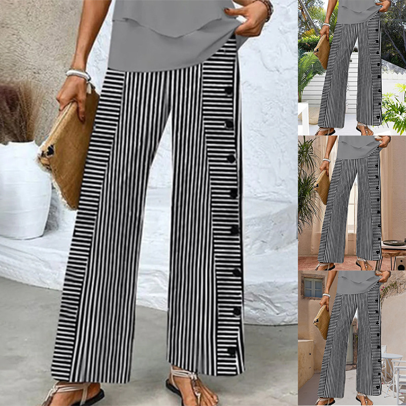 Women's Striped Wide-Leg Button Casual Straight Pants
