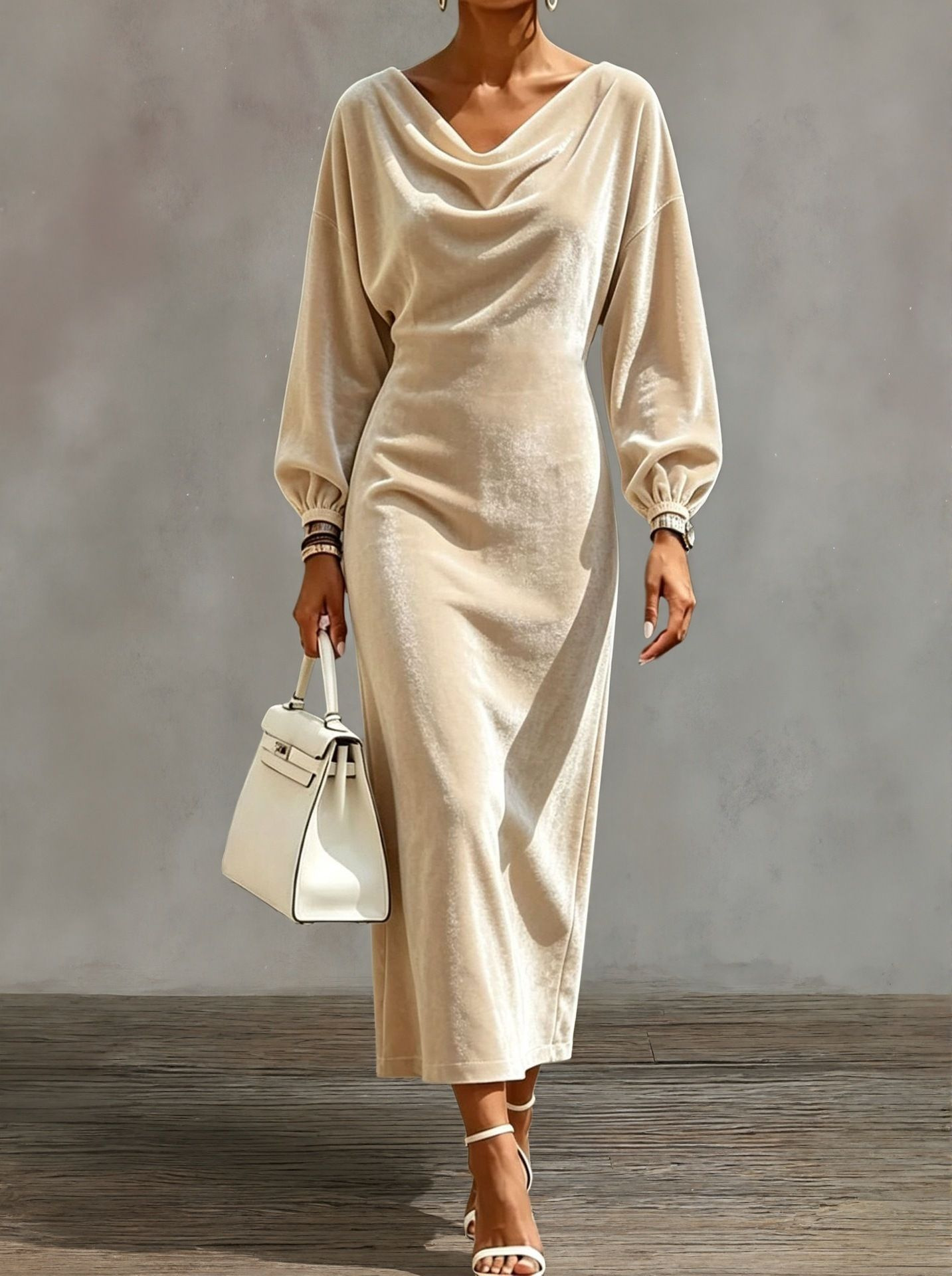 Solid Velvet Cowl Neck Slim Fit Long Sleeve Dress