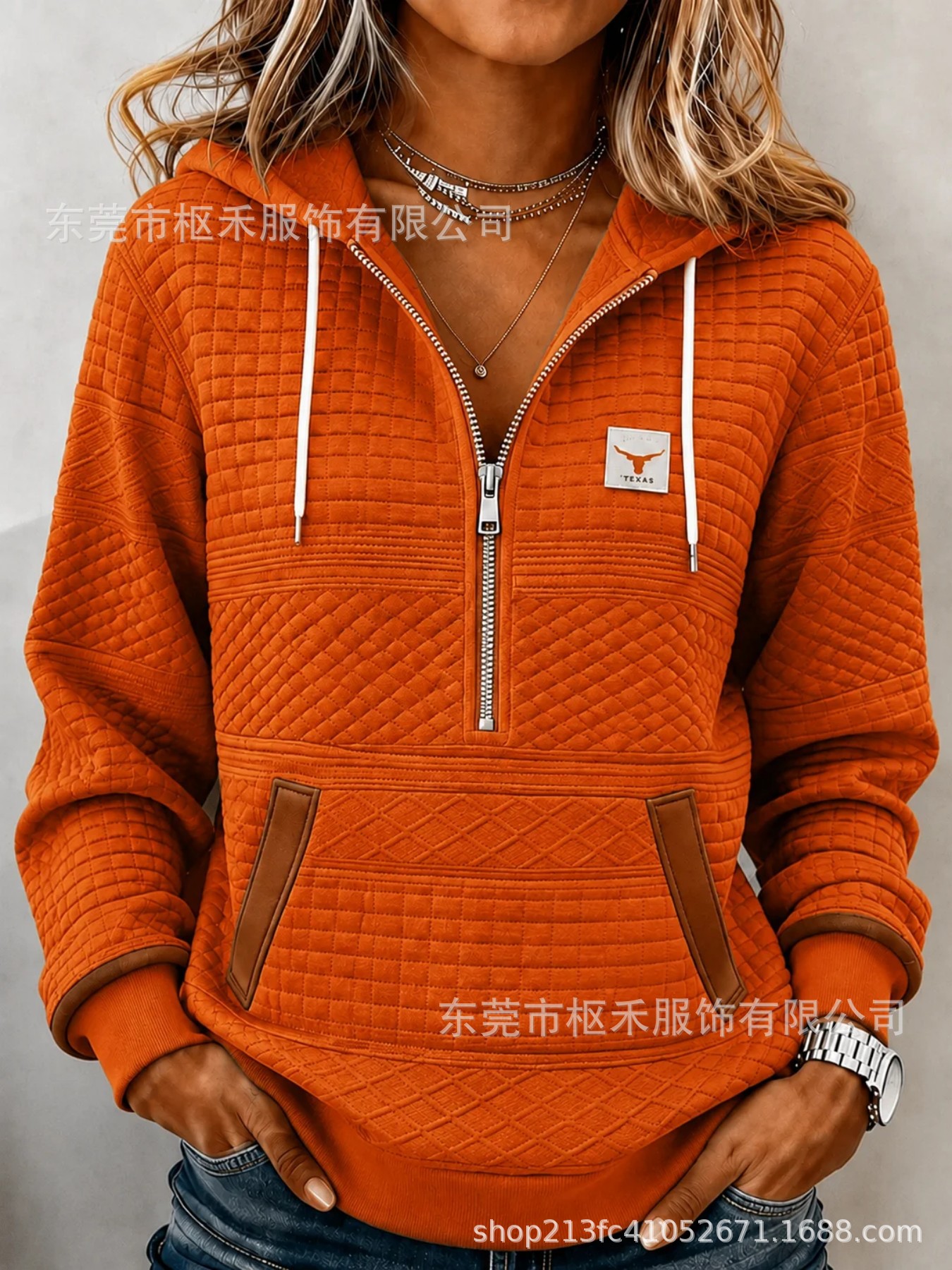 Waffle Print Half-Zip Stand Collar Solid Color Hoodie