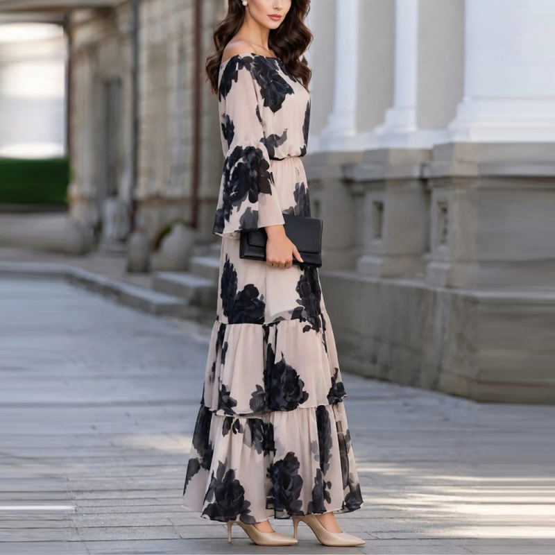 Women's Off-Shoulder Floral Print Patchwork Maxi Dress
