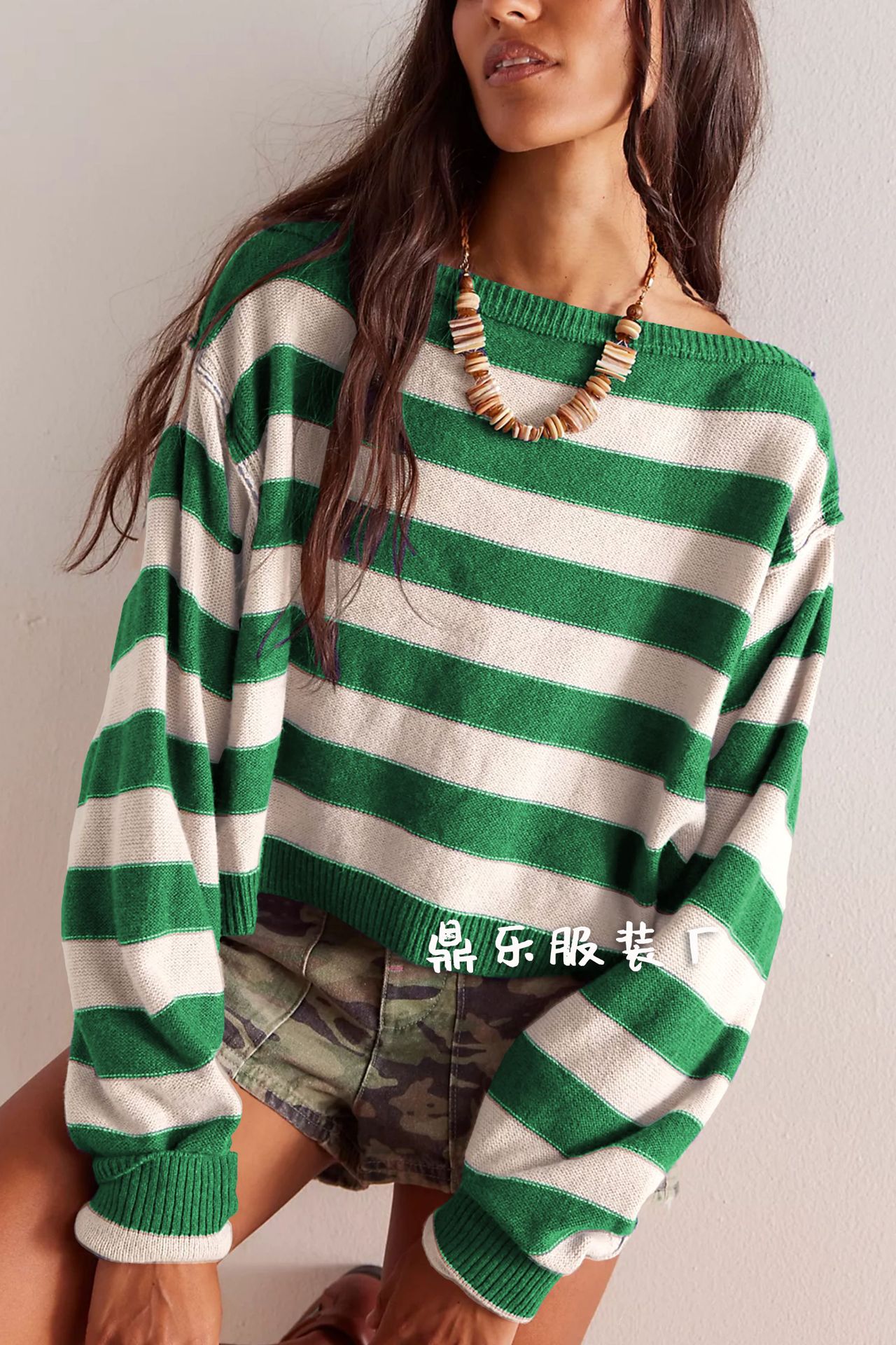 Striped Cropped Knit Sweater Off-Shoulder Bell Sleeve Loose Fit