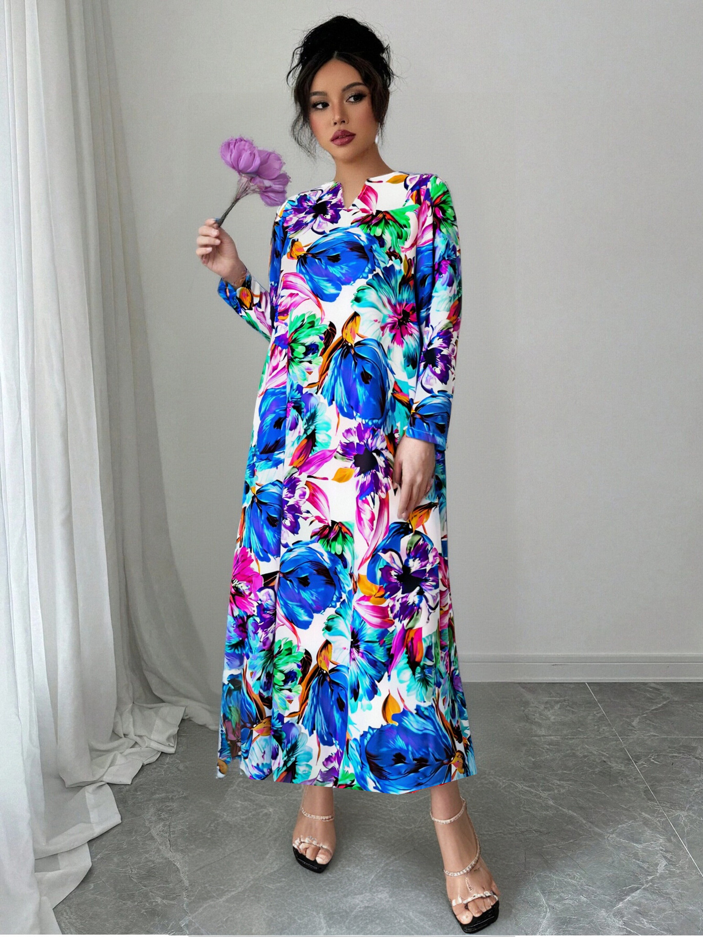 High-Saturation Colorblock Print Long Dress Loose Flattering A-Line V-Neck
