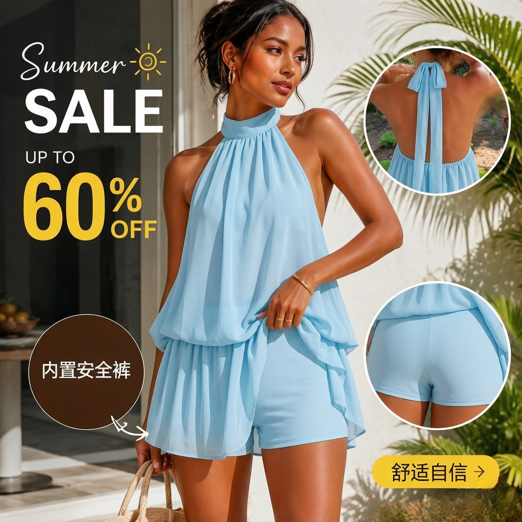 Women's Halter Open-Back Tie Chiffon A-Line Mini Dress with Built-in Shorts